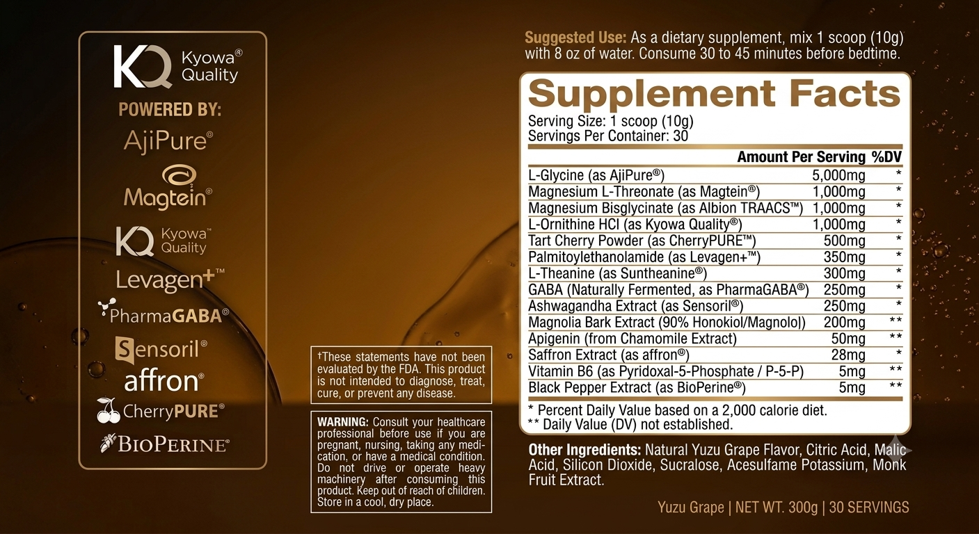 SOMNUS Supplement Facts label — full disclosure of all 14 trademarked actives with exact doses, suggested use, warnings, and other ingredients